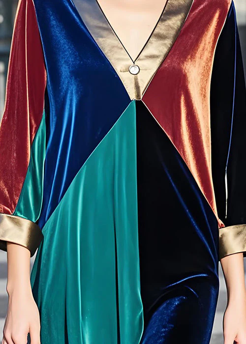 Boutique Colorblock V Neck Patchwork Velvet Dresses Fall - Image 4