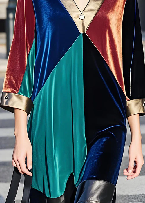 Boutique Colorblock V Neck Patchwork Velvet Dresses Fall - Image 5