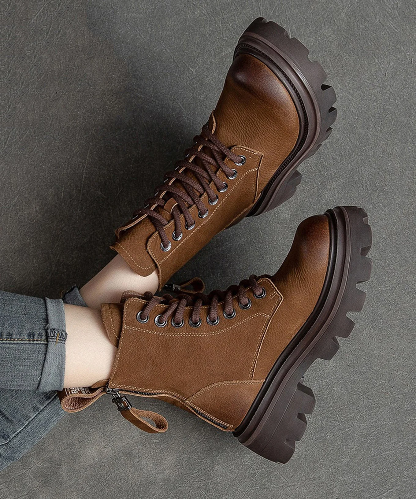 Boutique Cowhide Leather Green Splicing Boots Lace Up - Image 4