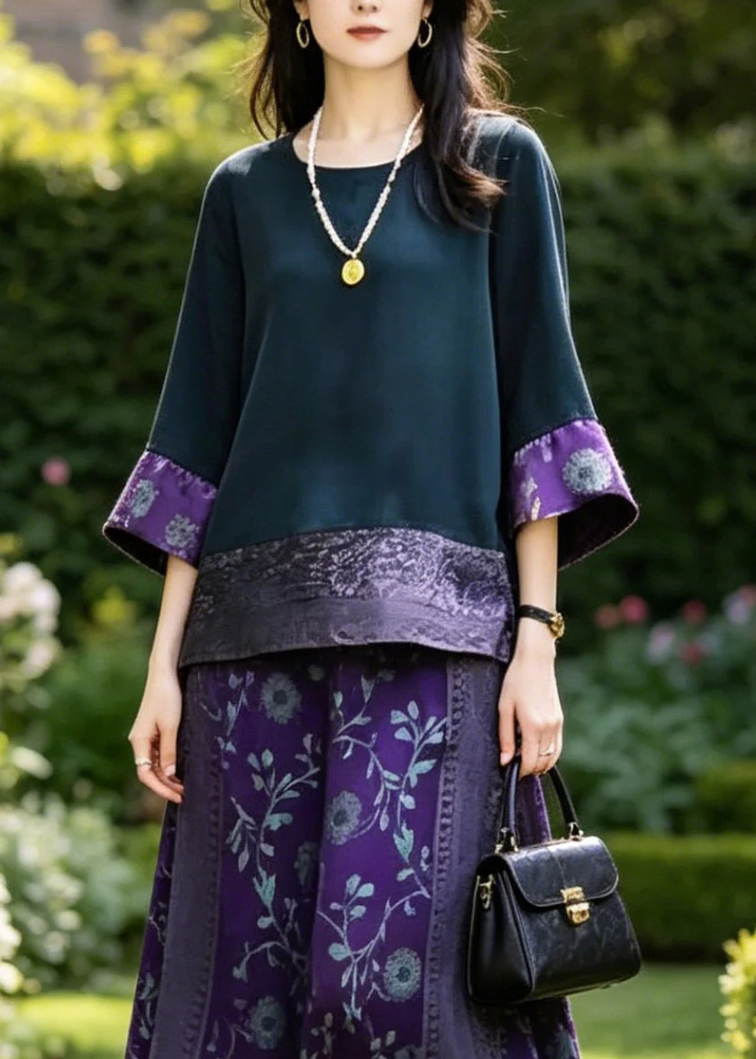 Boutique Dark Blue O-Neck Patchwork Silk T Shirts And Wide Leg Pants Two Piece Set Summer - Image 2