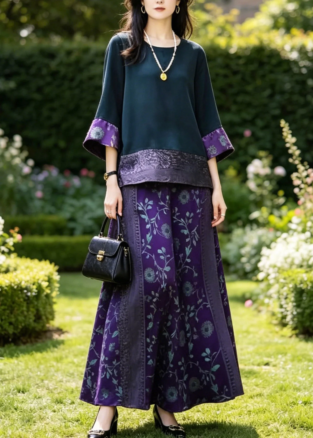 Boutique Dark Blue O-Neck Patchwork Silk T Shirts And Wide Leg Pants Two Piece Set Summer - Image 3