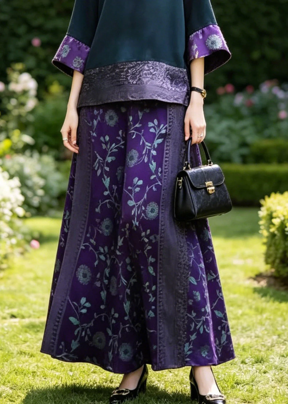 Boutique Dark Blue O-Neck Patchwork Silk T Shirts And Wide Leg Pants Two Piece Set Summer - Image 4