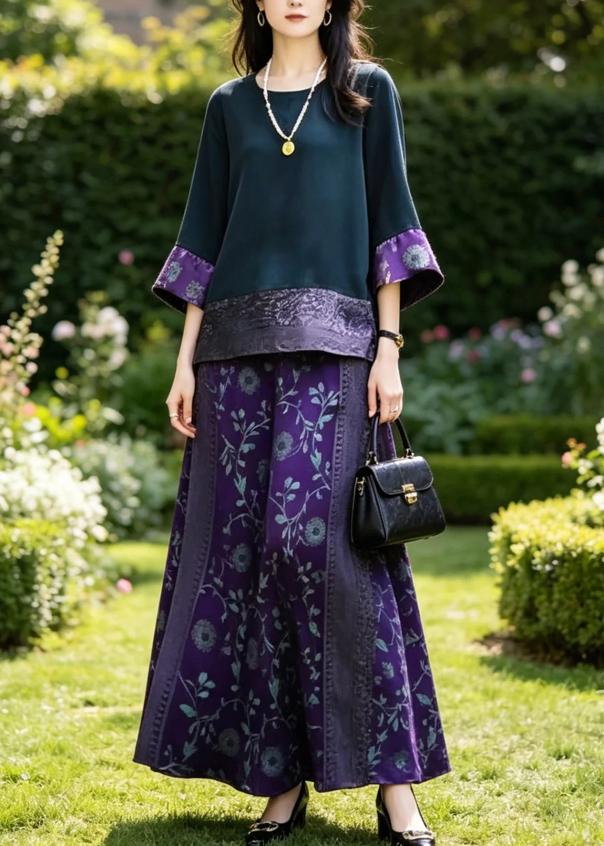 Boutique Dark Blue O-Neck Patchwork Silk T Shirts And Wide Leg Pants Two Piece Set Summer - Image 5