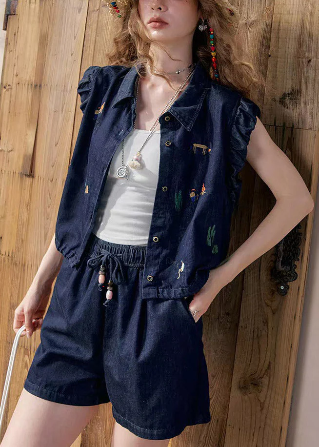 Boutique Dark Blue Peter Pan Collar Denim Shirt And Shorts Two Pieces Set Short Sleeve - Image 2