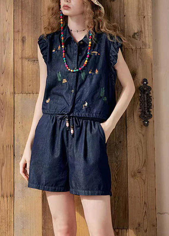 Boutique Dark Blue Peter Pan Collar Denim Shirt And Shorts Two Pieces Set Short Sleeve - Image 4