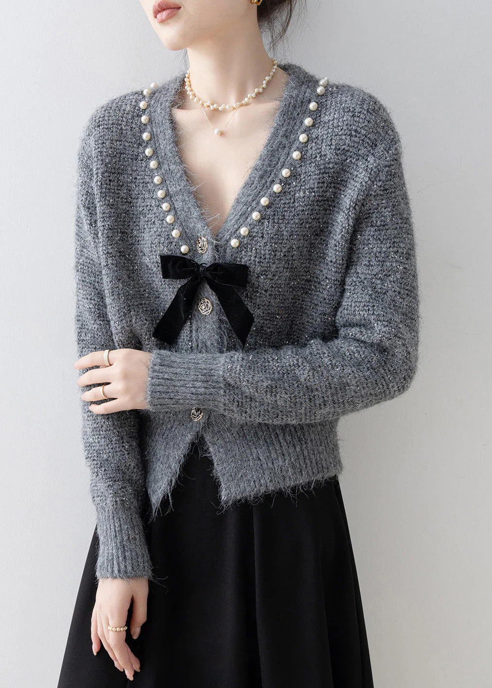Boutique Dark Grey V Neck Nail Bead Knit Cardigan Spring - Image 3