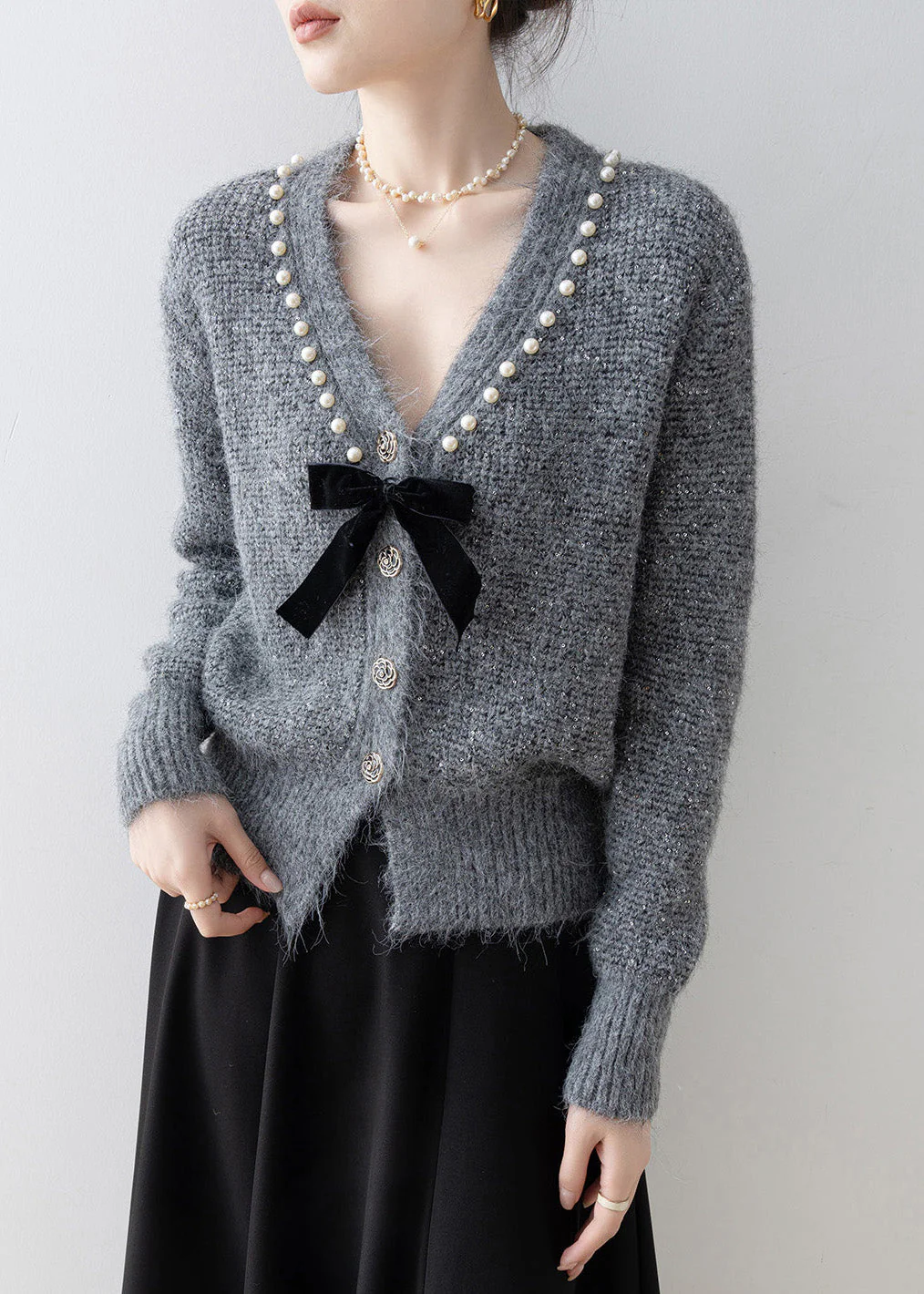 Boutique Dark Grey V Neck Nail Bead Knit Cardigan Spring - Image 4