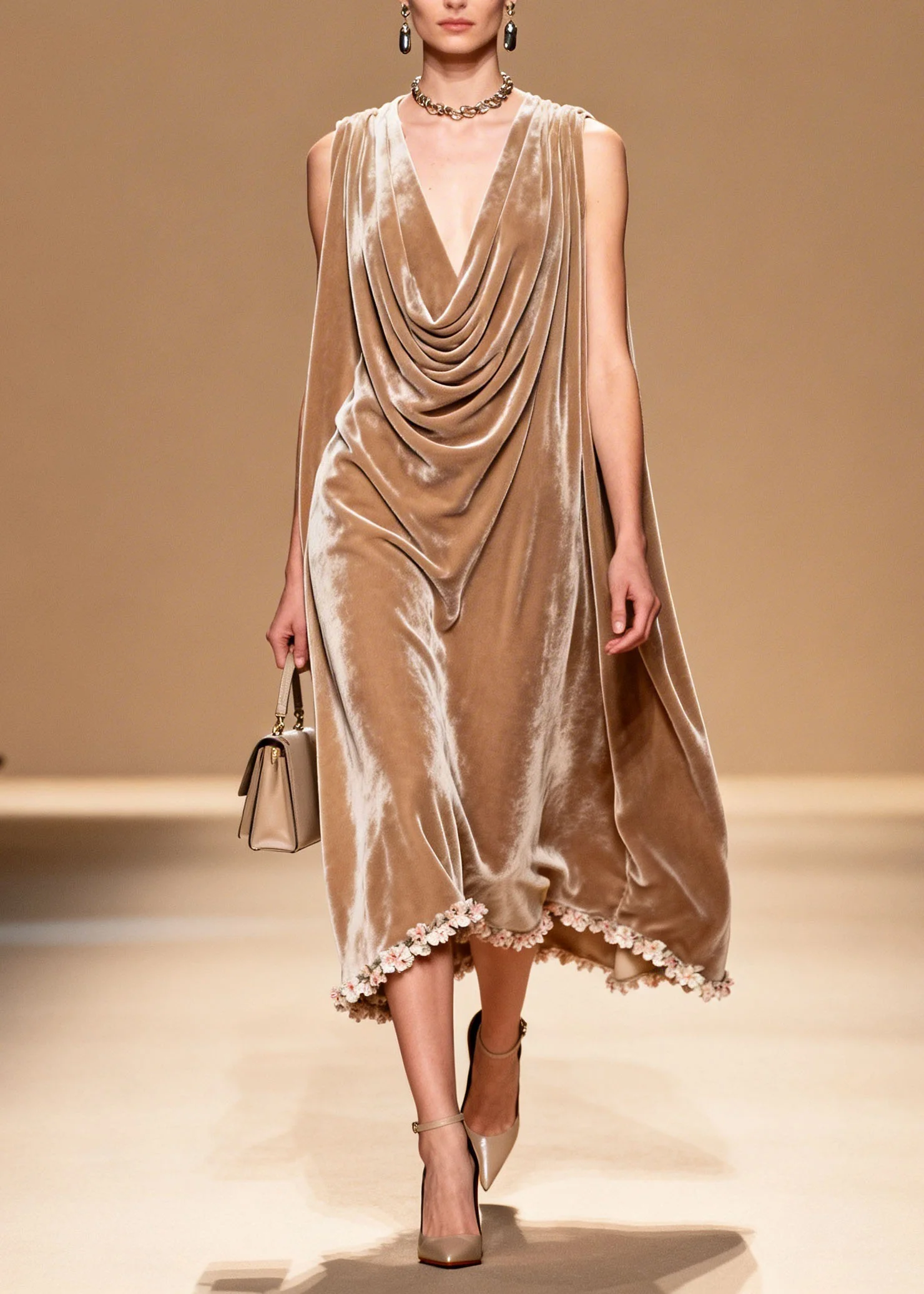 Boutique Draped Neckline Floral Patchwork Velvet Dresses Sleeveless - Image 3