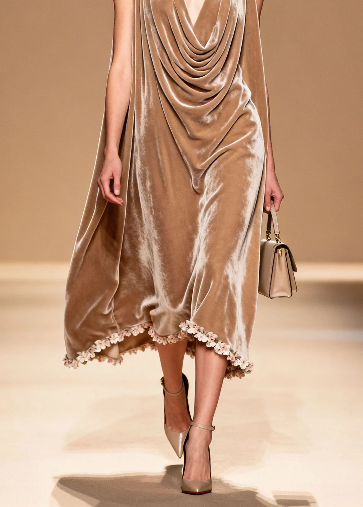Boutique Draped Neckline Floral Patchwork Velvet Dresses Sleeveless - Image 4