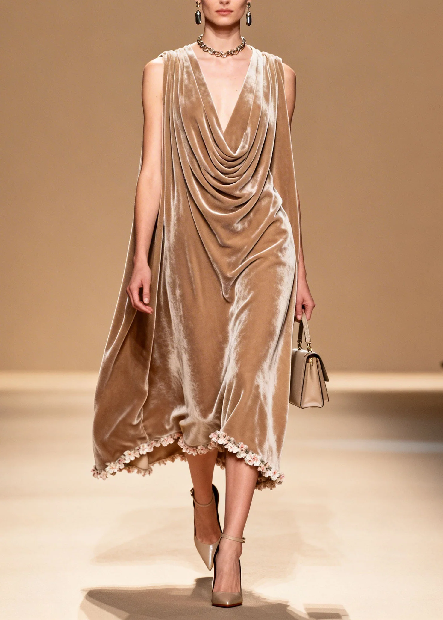 Boutique Draped Neckline Floral Patchwork Velvet Dresses Sleeveless - Image 5