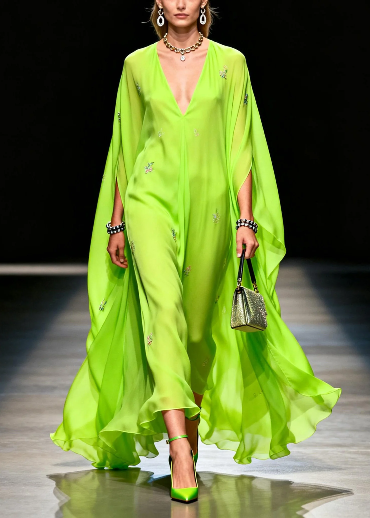 Boutique Fluorescen Green V Neck Zircon Chiffon Dress Summer - Image 3