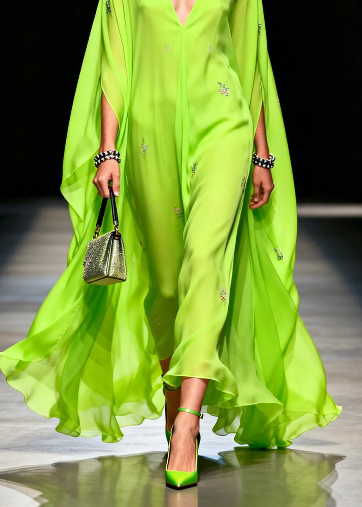 Boutique Fluorescen Green V Neck Zircon Chiffon Dress Summer - Image 4