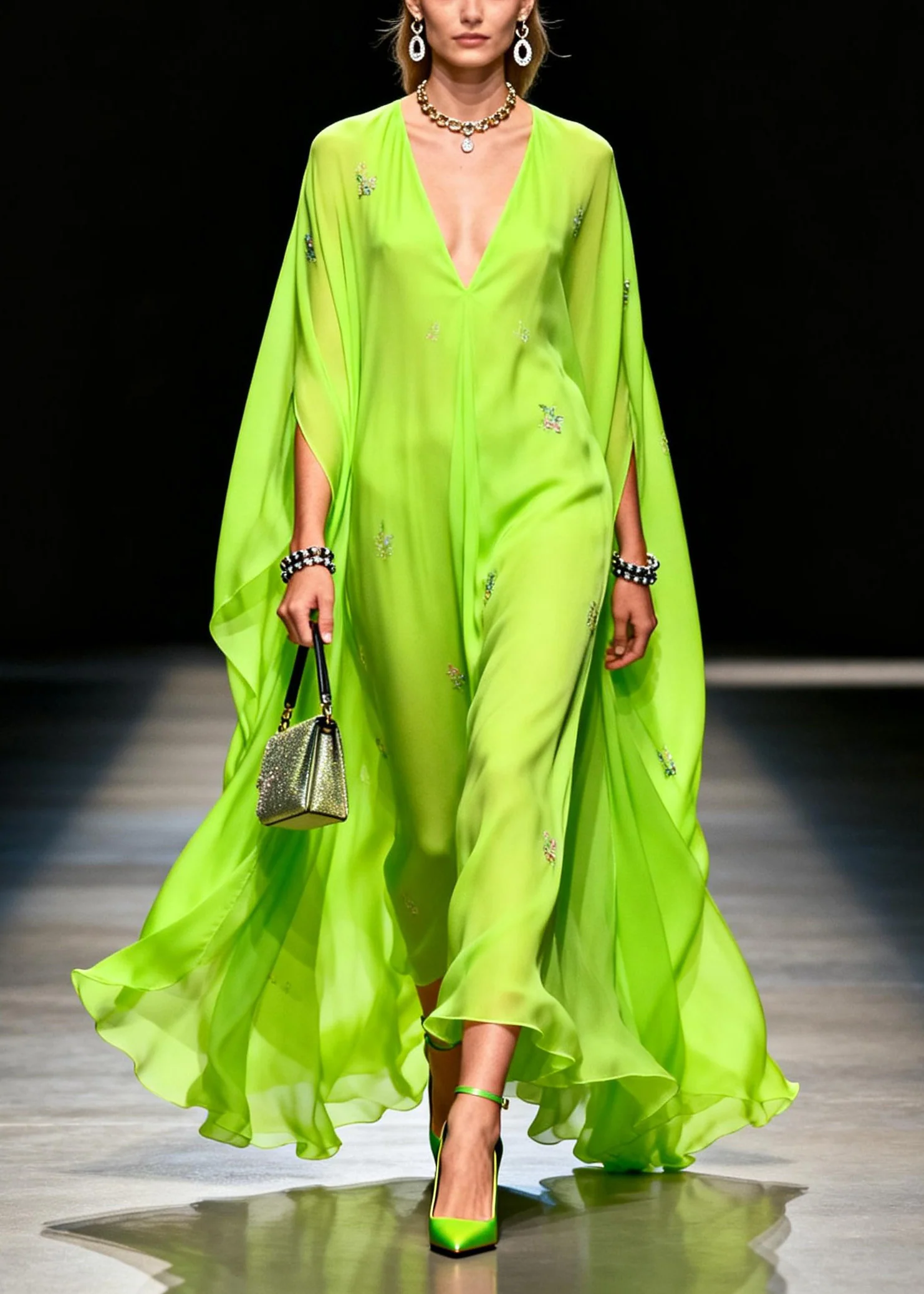 Boutique Fluorescen Green V Neck Zircon Chiffon Dress Summer - Image 5