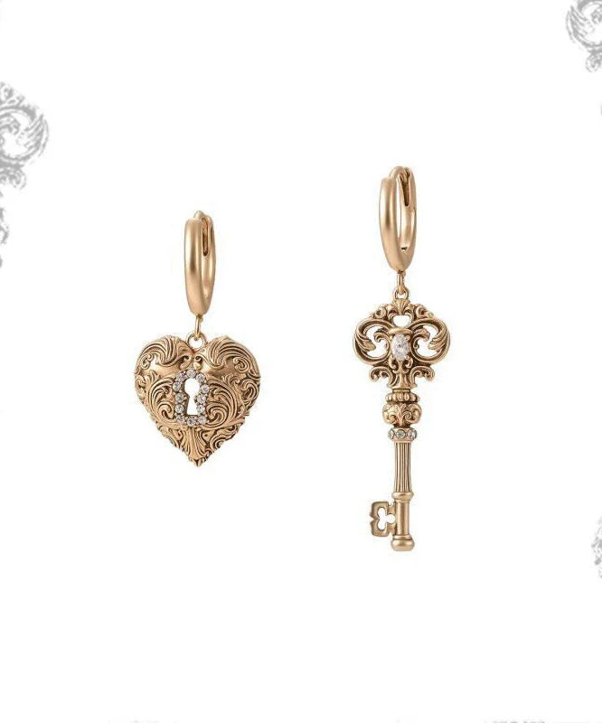 Boutique Gold Copper Alloy Zircon Asymmetrical Key LoverDrop Earrings - Image 4