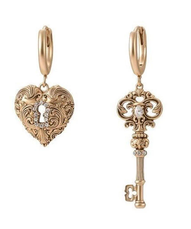 Boutique Gold Copper Alloy Zircon Asymmetrical Key LoverDrop Earrings - Image 5