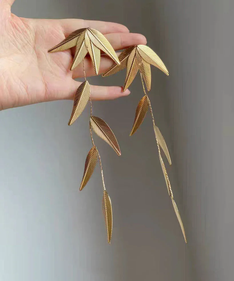 Boutique Gold Copper Overgild Bamboo Leaf Tassel Drop Earrings - Image 3
