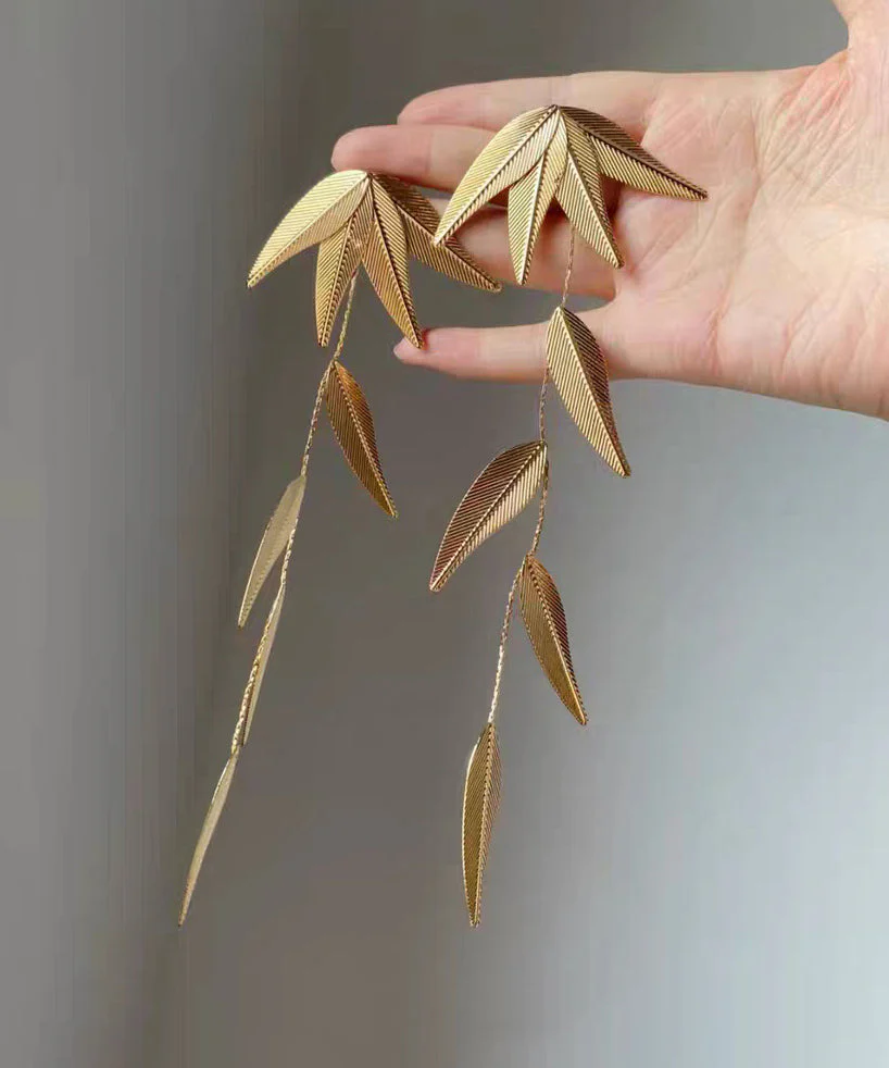 Boutique Gold Copper Overgild Bamboo Leaf Tassel Drop Earrings - Image 4