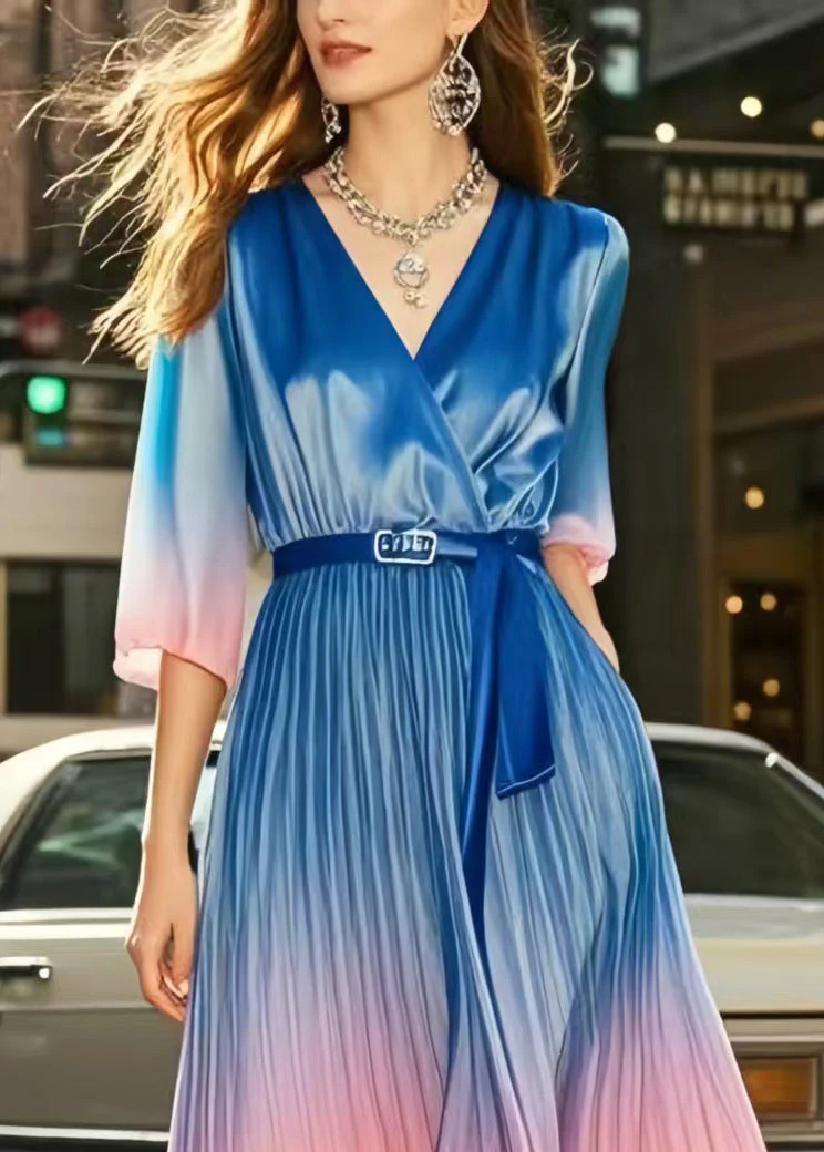 Boutique Gradient Color Cinched Draping Silk Dress Summer - Image 2