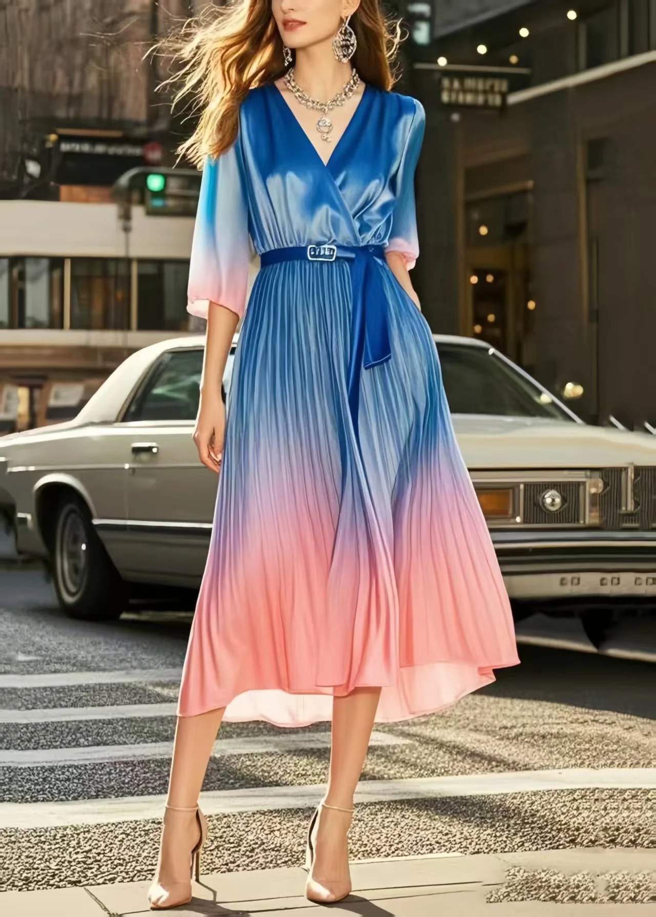 Boutique Gradient Color Cinched Draping Silk Dress Summer - Image 5
