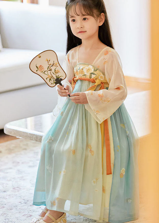 Boutique Gradient Color Embroideried Wrinkled Chiffon Kids Girls Long Dresses Summer - Image 2