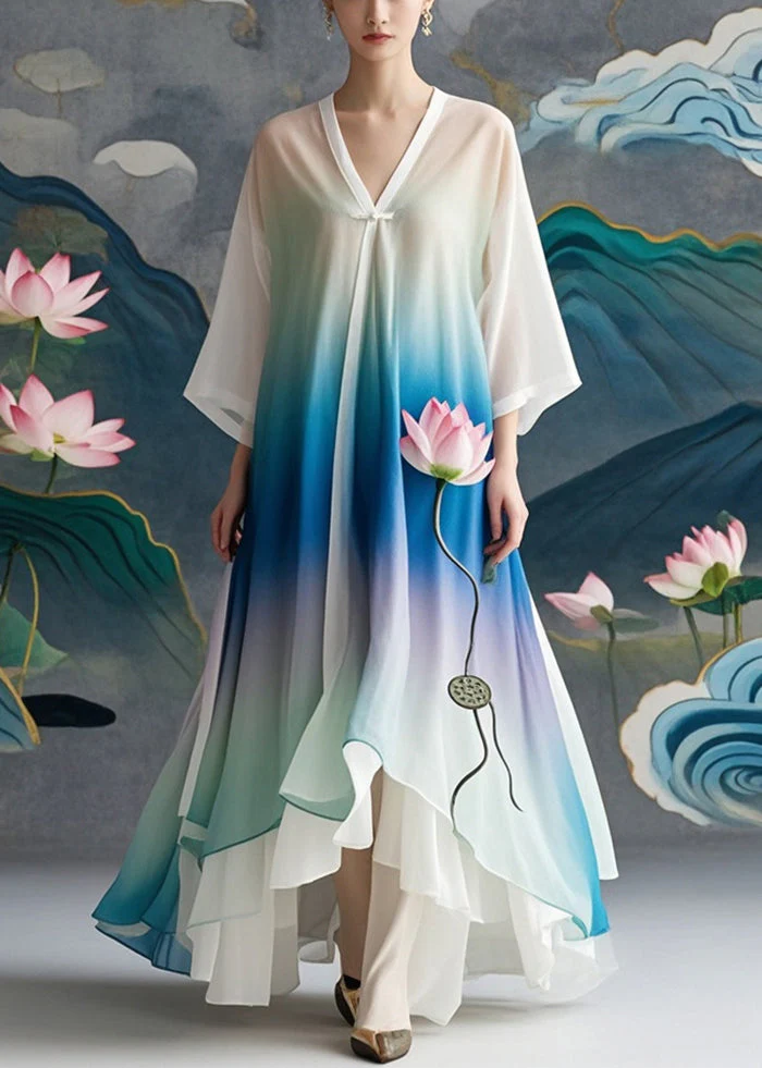 Boutique Gradient Color Lotus Print Chiffon Long Dress Spring - Image 5