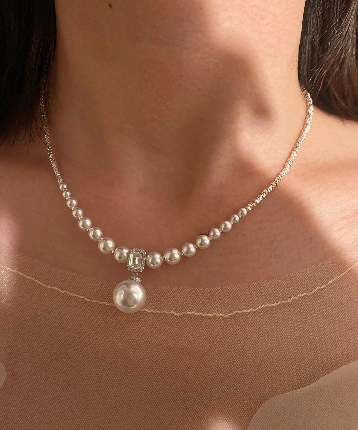 Boutique Gradient Size Beaded String Zircon Small Square Silver Choker - Image 4
