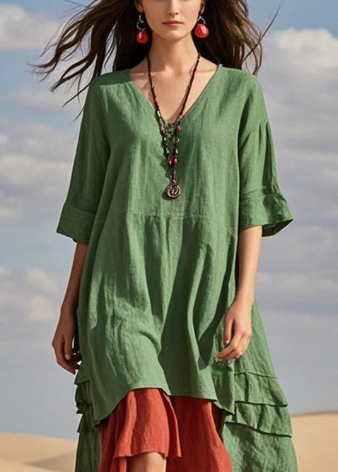 Boutique Green Asymmetrical Fake Two Piece Cotton Robe Dresses Summer - Image 2