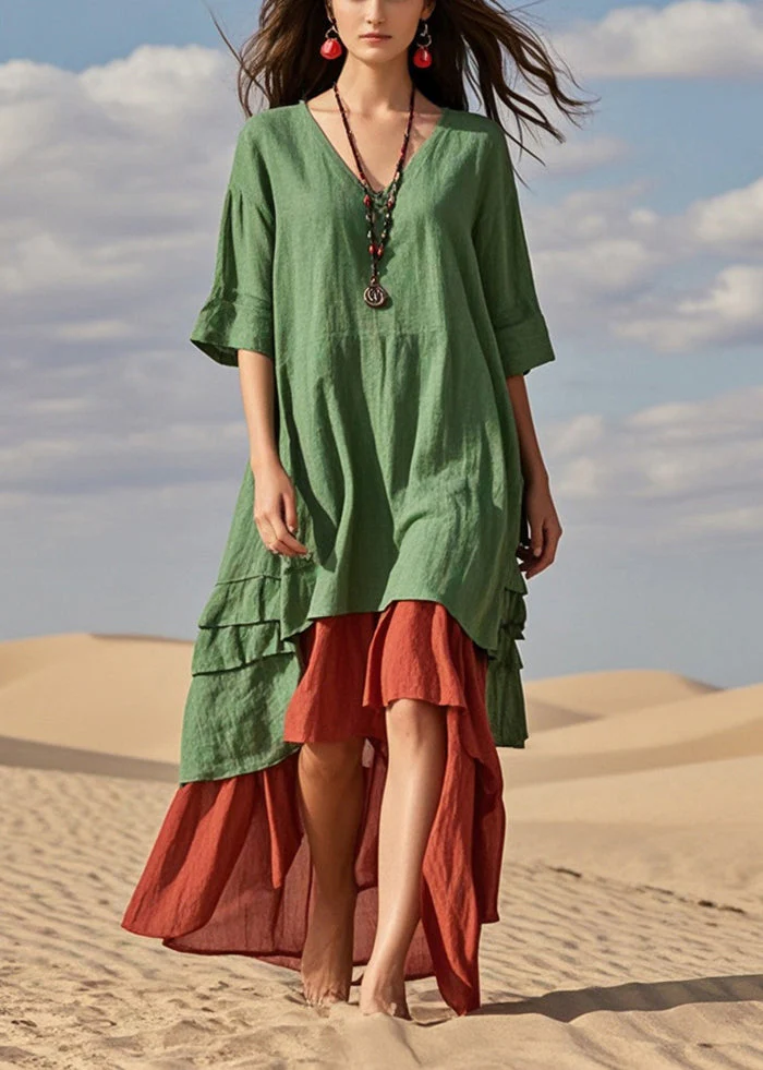 Boutique Green Asymmetrical Fake Two Piece Cotton Robe Dresses Summer - Image 3