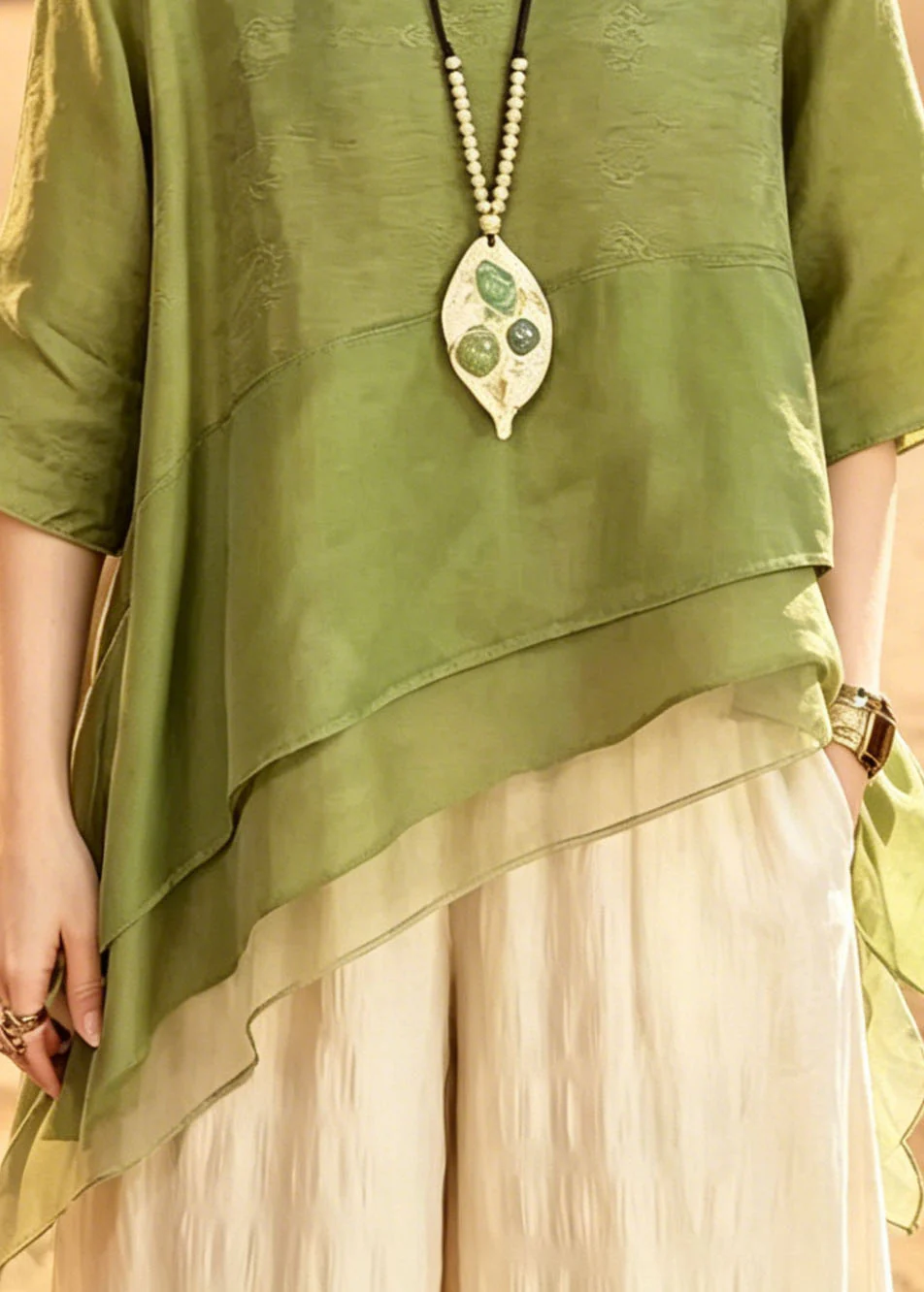 Boutique Green Asymmetrical Patchwork Tulle Top Summer - Image 4