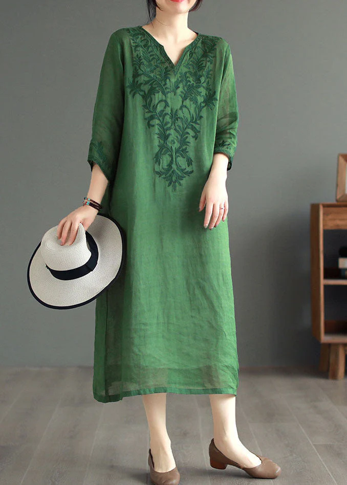 Boutique Green Embroideried Patchwork Linen Dresses Bracelet Sleeve - Image 2