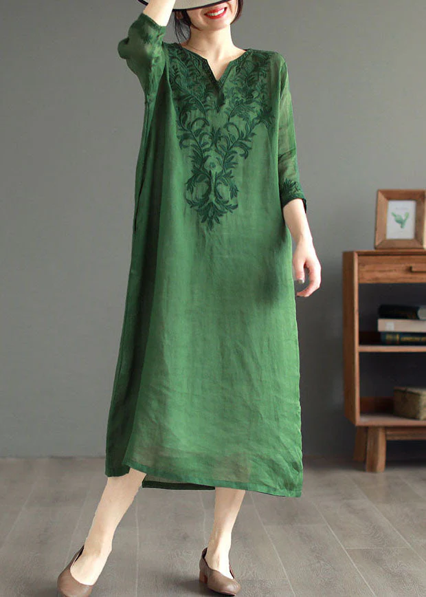 Boutique Green Embroideried Patchwork Linen Dresses Bracelet Sleeve - Image 3