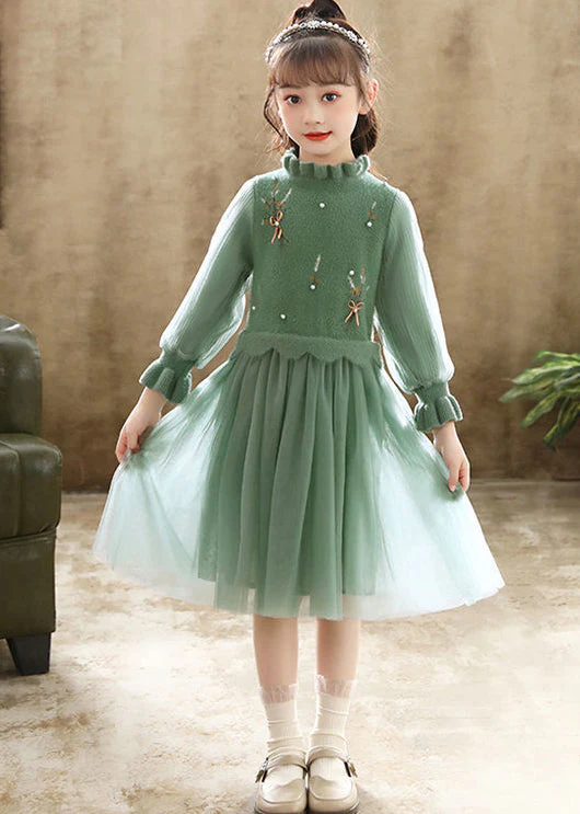 Boutique Green Embroideried Patchwork Tulle Baby Girls Dress Fall - Image 3