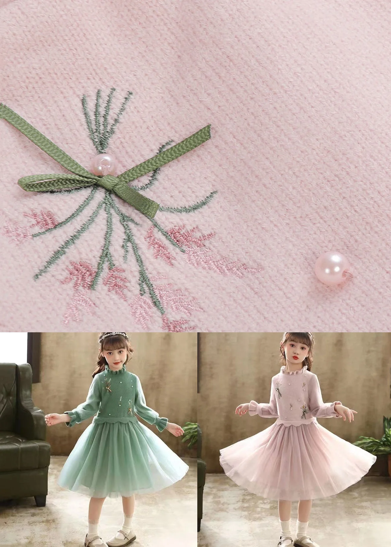 Boutique Green Embroideried Patchwork Tulle Baby Girls Dress Fall - Image 5