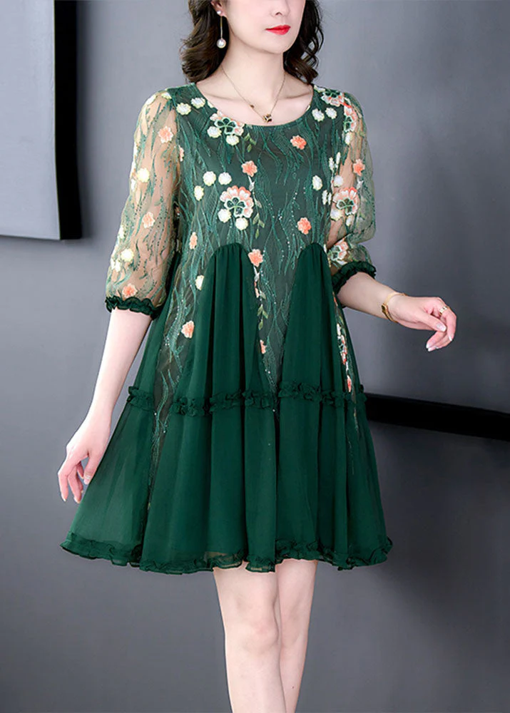 Boutique Green Embroideried Patchwork Tulle Mid Dresses Summer - Image 2