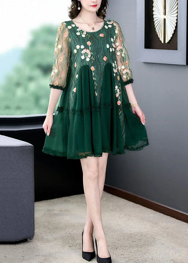 Boutique Green Embroideried Patchwork Tulle Mid Dresses Summer - Image 3
