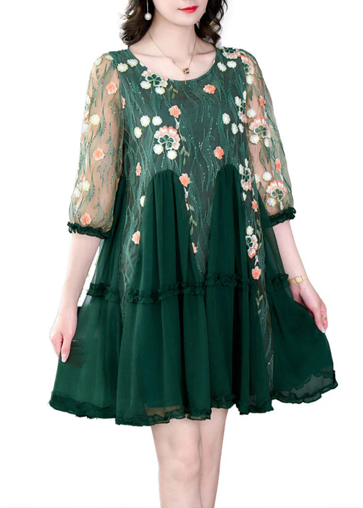 Boutique Green Embroideried Patchwork Tulle Mid Dresses Summer - Image 5