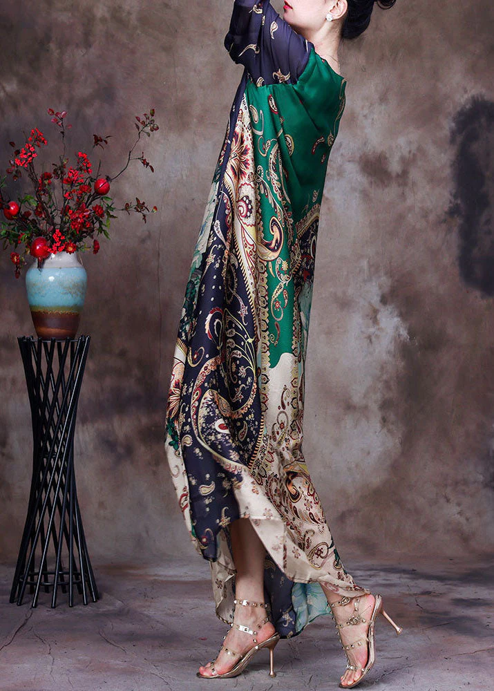 Boutique Green O-Neck Original Design Print Draping Silk Maxi Dress Half Sleeve - Image 3