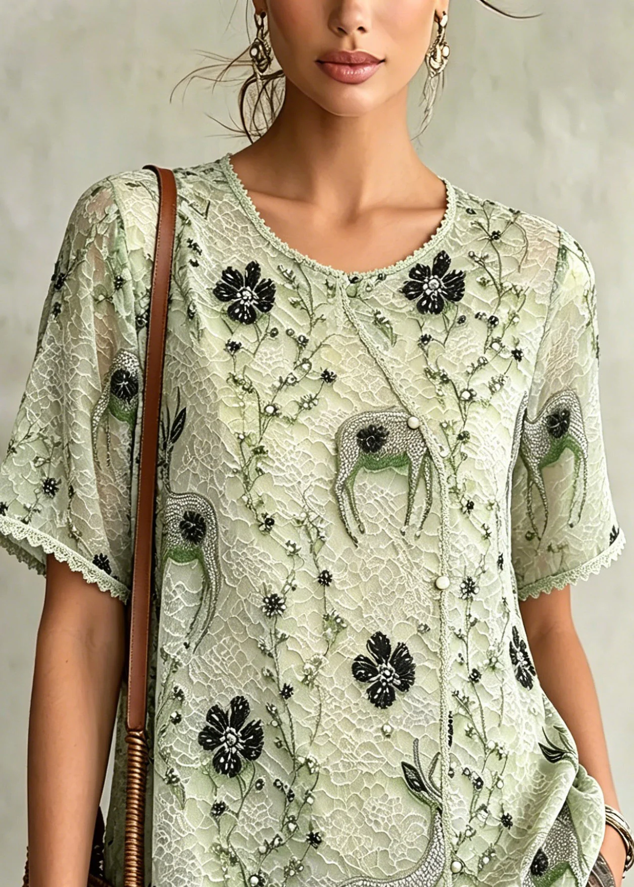 Boutique Green O-Neck Patchwork Chiffon T Shirts Summer - Image 2