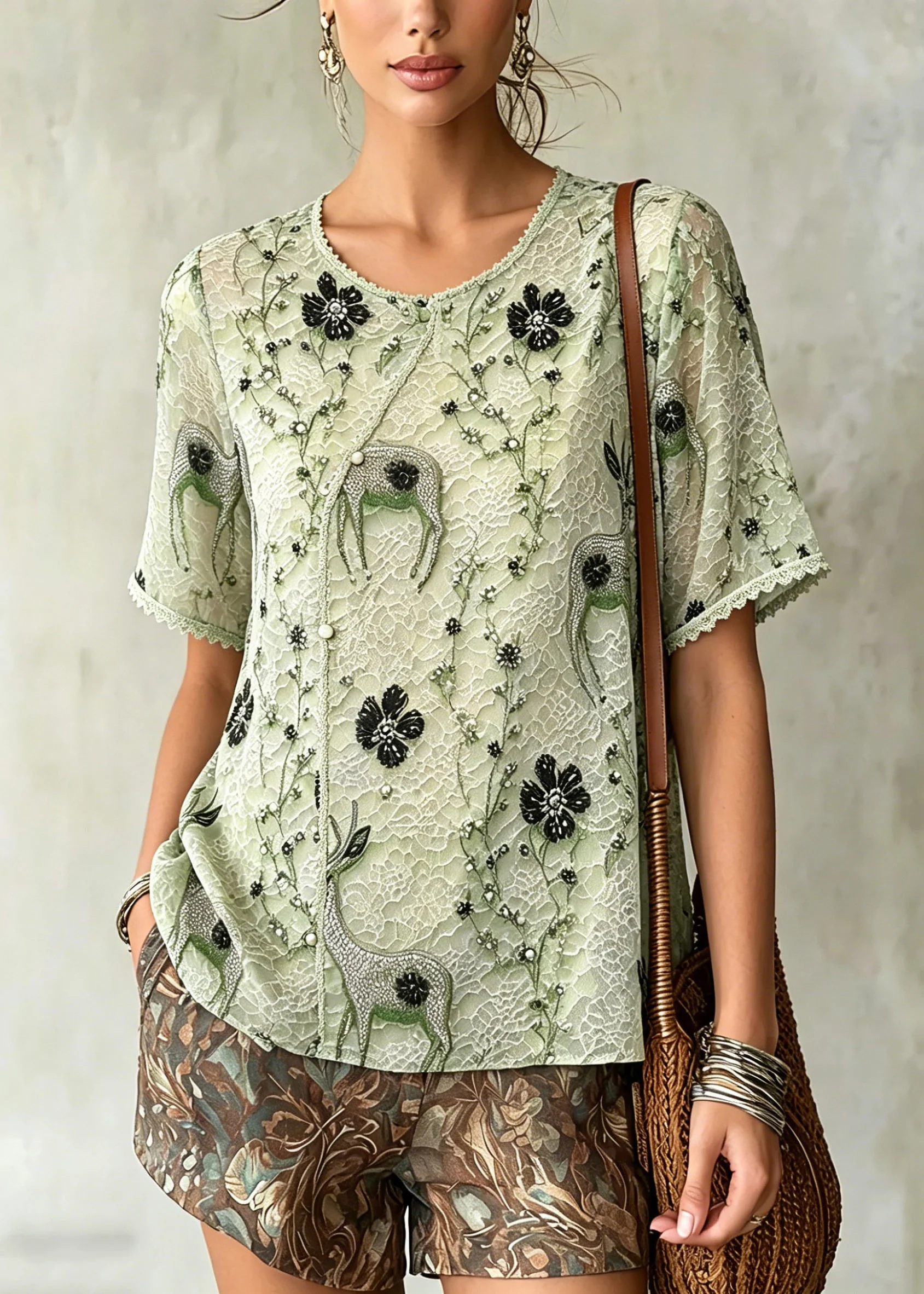 Boutique Green O-Neck Patchwork Chiffon T Shirts Summer - Image 3