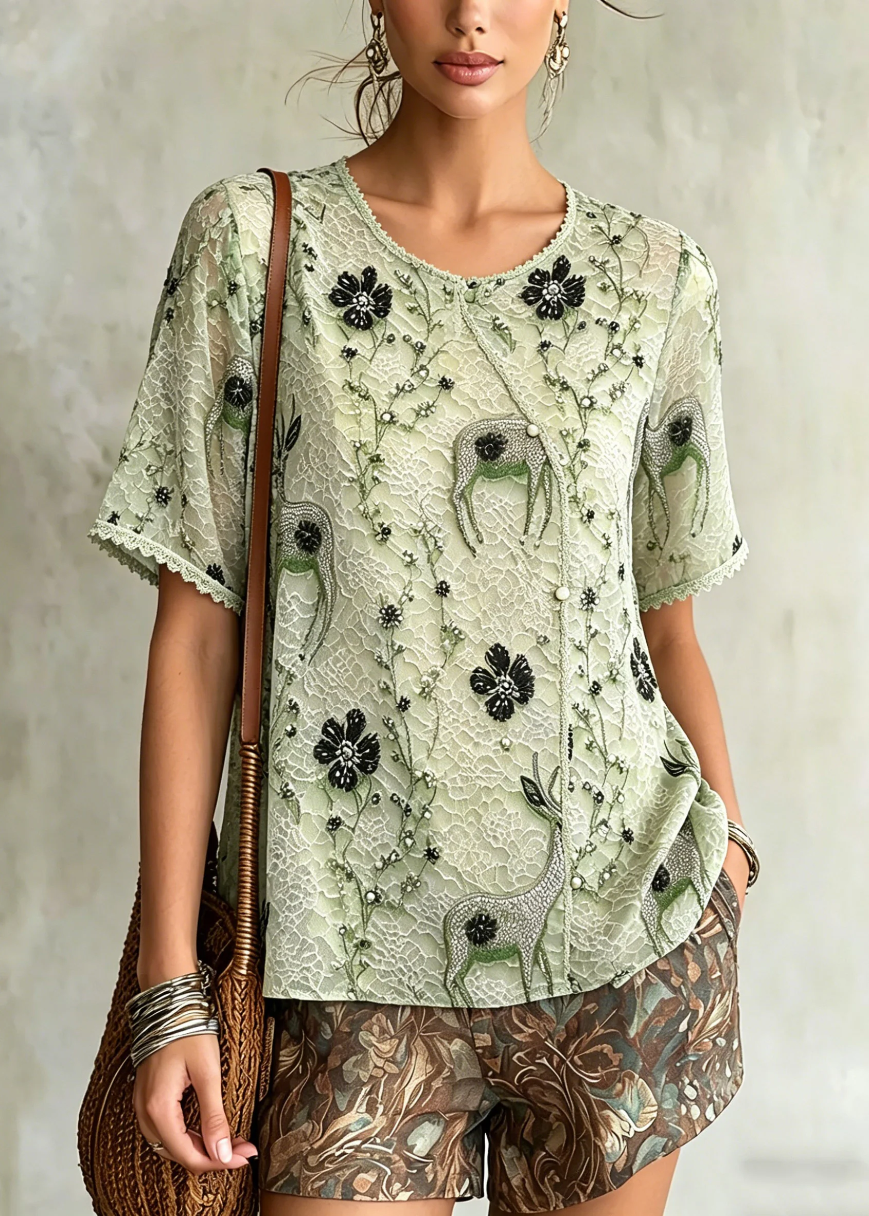 Boutique Green O-Neck Patchwork Chiffon T Shirts Summer - Image 5