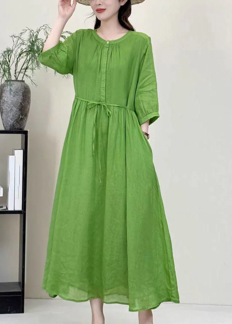 Boutique Green O-Neck Patchwork Solid Linen Long Dress Half Sleeve
