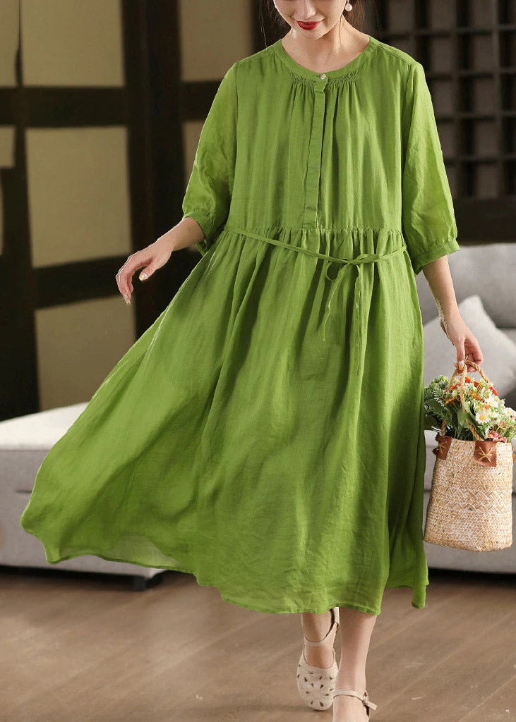 Boutique Green O-Neck Patchwork Solid Linen Long Dress Half Sleeve - Image 2