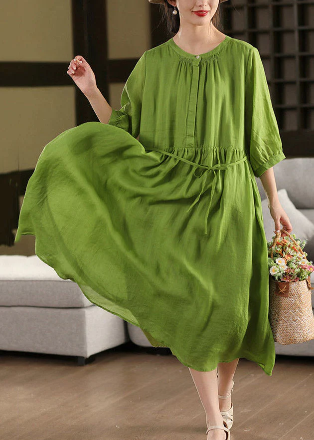 Boutique Green O-Neck Patchwork Solid Linen Long Dress Half Sleeve - Image 3