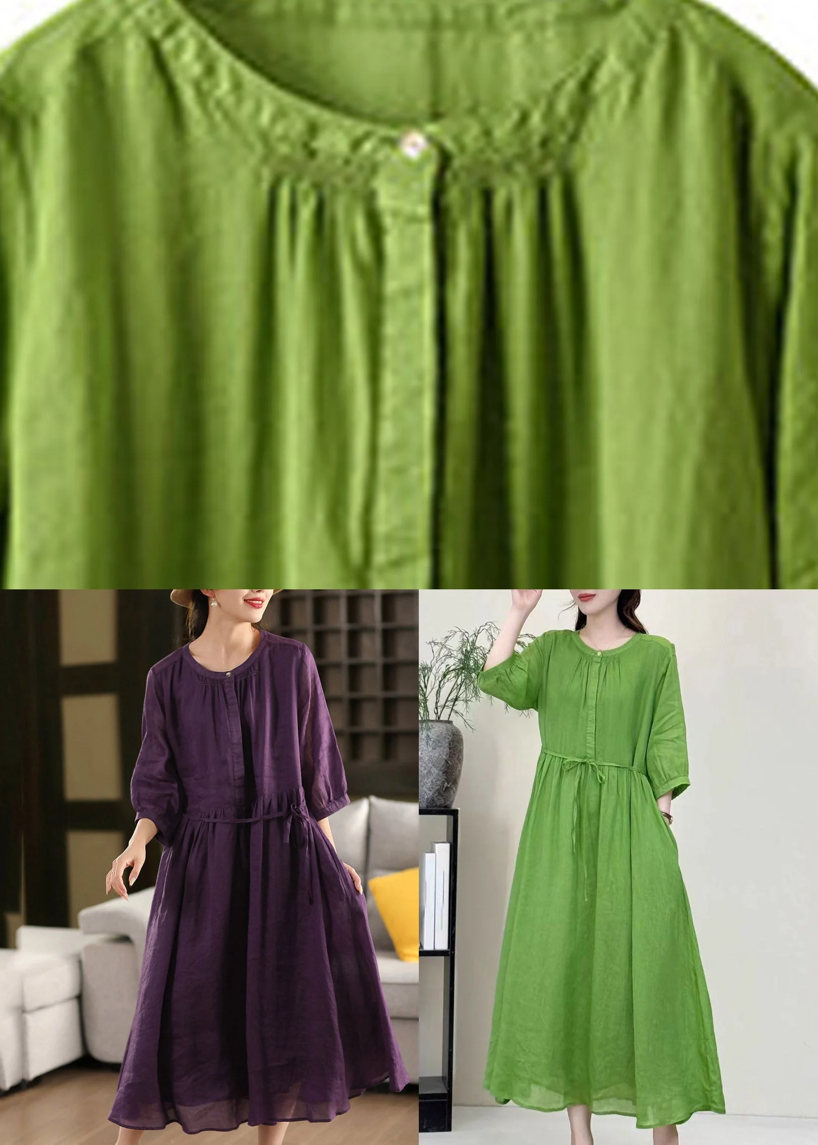 Boutique Green O-Neck Patchwork Solid Linen Long Dress Half Sleeve - Image 4