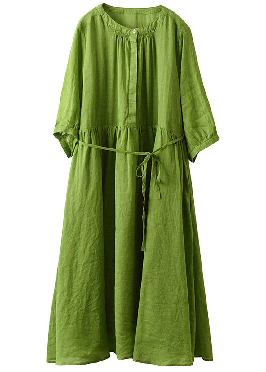 Boutique Green O-Neck Patchwork Solid Linen Long Dress Half Sleeve - Image 5
