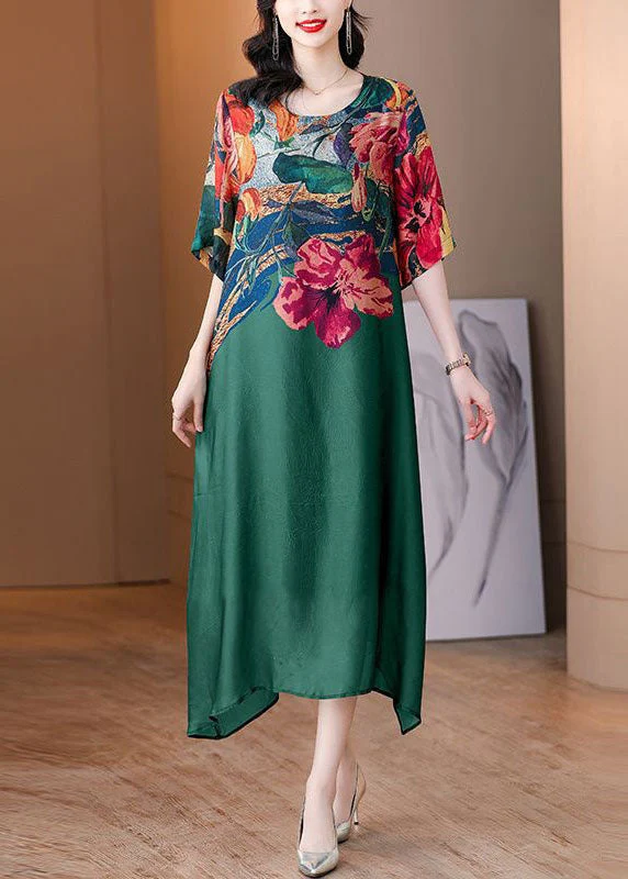 Boutique Green O Neck Print Patchwork Silk Dresses Summer - Image 2