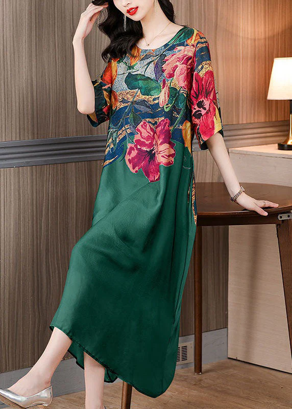Boutique Green O Neck Print Patchwork Silk Dresses Summer - Image 3