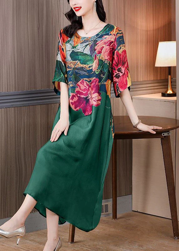 Boutique Green O Neck Print Patchwork Silk Dresses Summer - Image 4