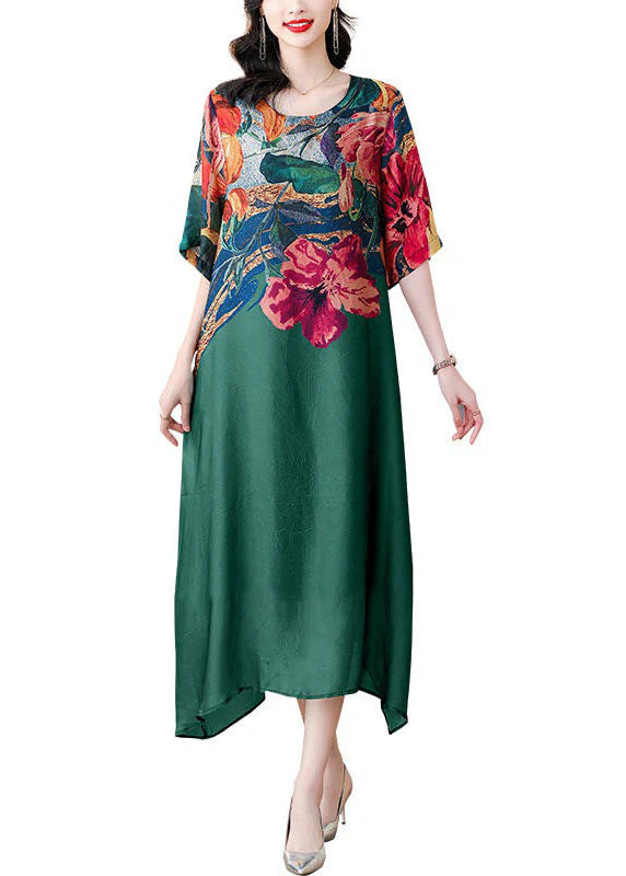 Boutique Green O Neck Print Patchwork Silk Dresses Summer - Image 5