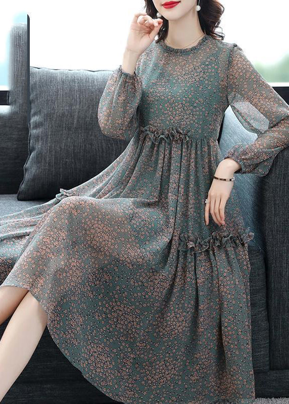 Boutique Green O-Neck Ruffled print Chiffon Dresses Half Sleeve - Image 2